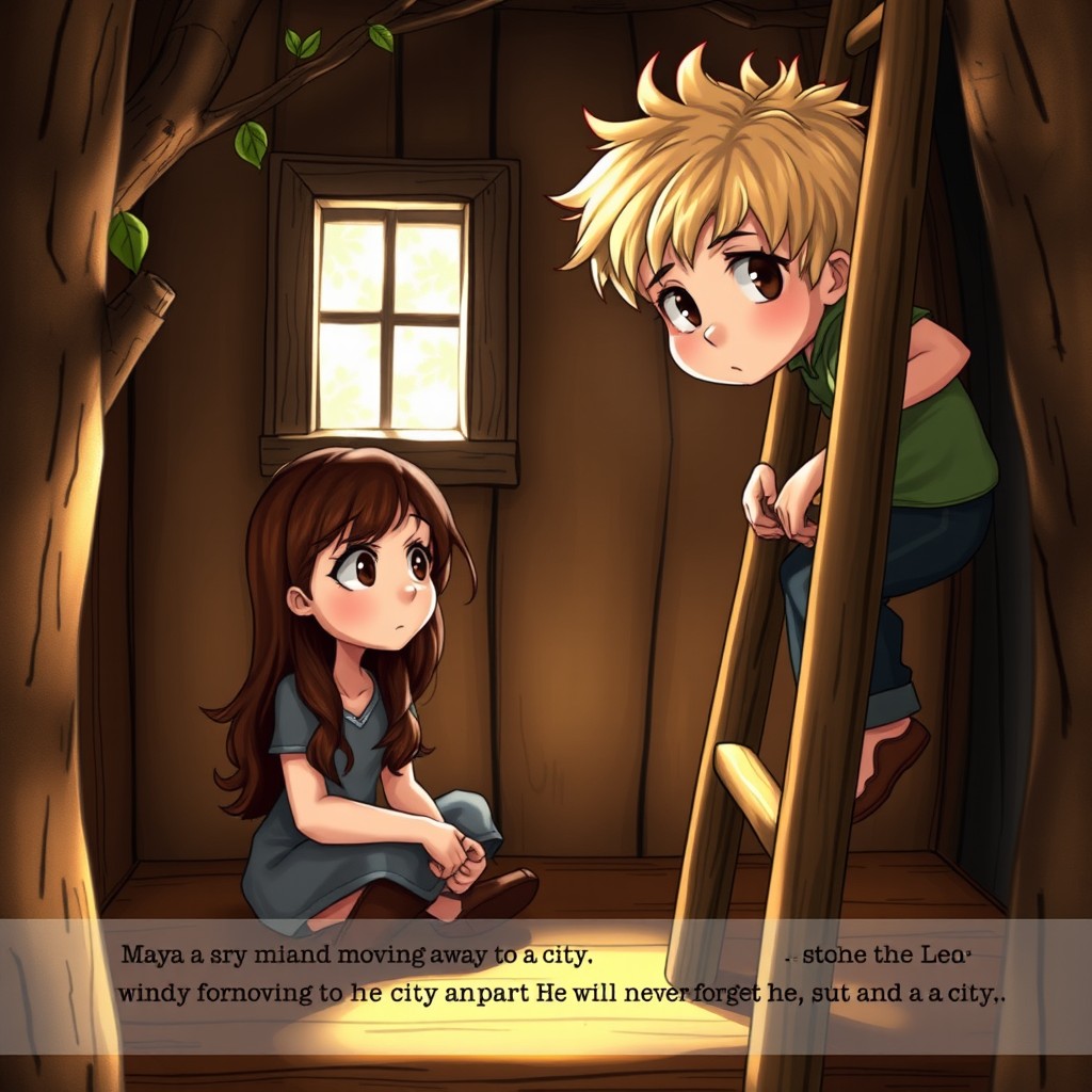 Inside a cozy treehouse, the atmosphere is warm and inviting but tinged with sadness