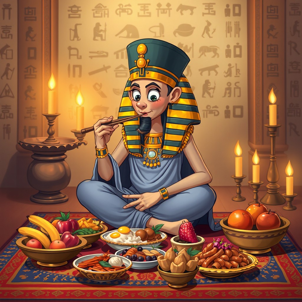 A whimsical scene featuring an ancient Egyptian Pharaoh elegantly dining, using chopsticks to eat a colorful assortment of traditional Egyptian foods