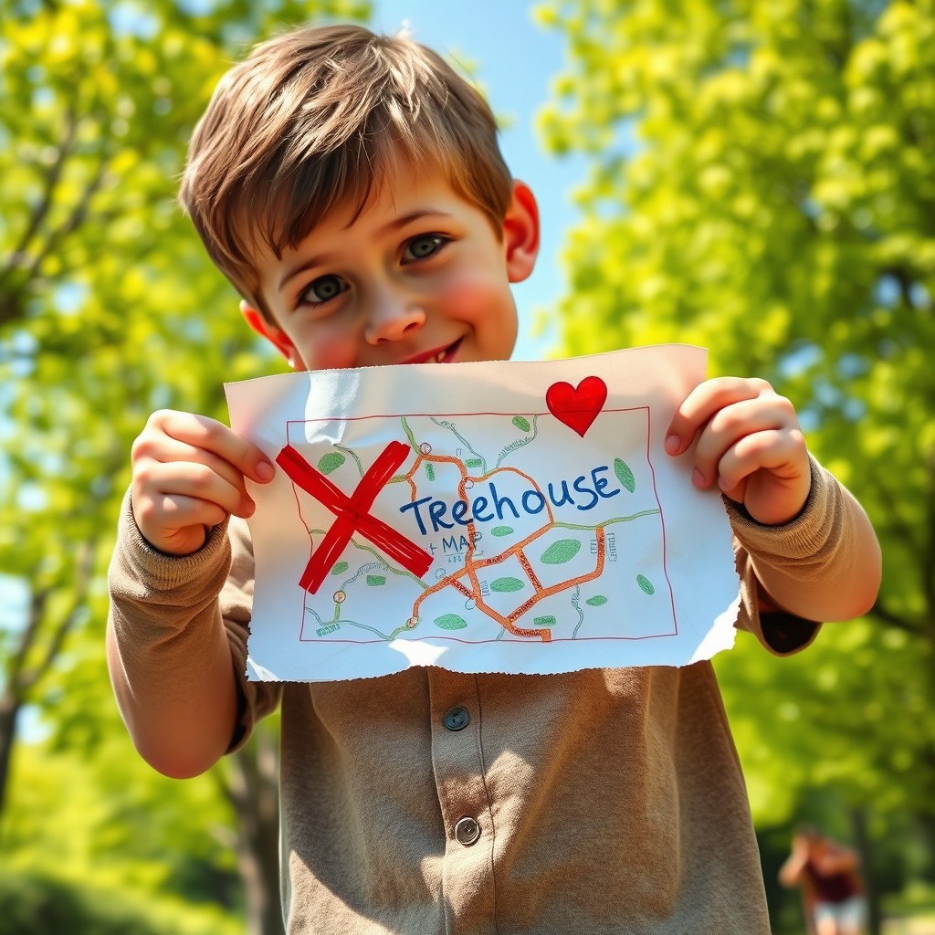 A young boy pulling out a crumpled, hand-drawn map of a neighborhood with a big red 'X' marking a treehouse