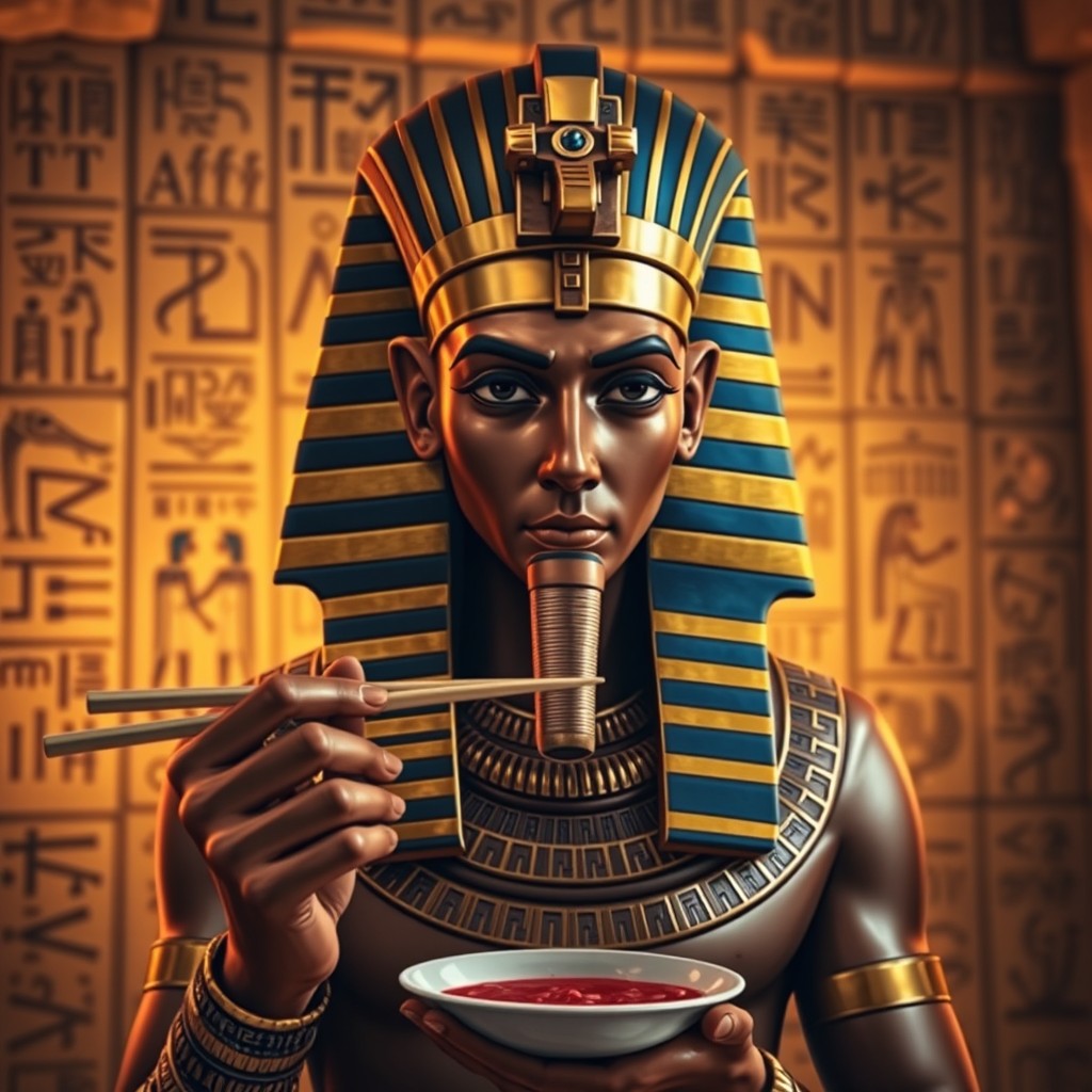 An artistic representation of the ancient Egyptian pharaoh Tutankhamun, known as Tut Ankh Amon, elegantly holding a pair of chopsticks