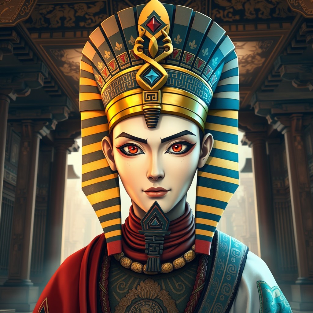 A semi-Pharaoh with distinct Japanese facial features, showcasing a harmonious blend of Egyptian and Japanese cultural elements