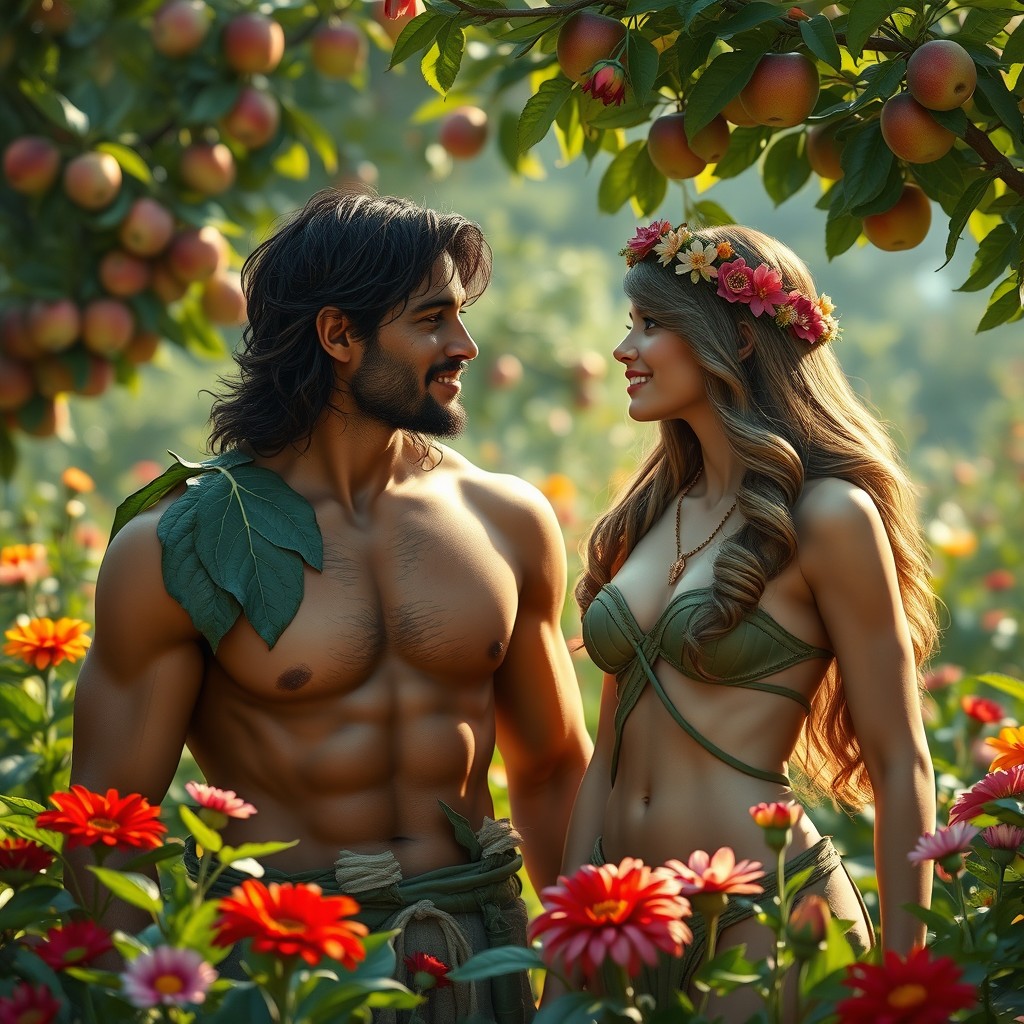 A beautiful depiction of Adam and Eve in the Garden of Eden, both with olive skin tones