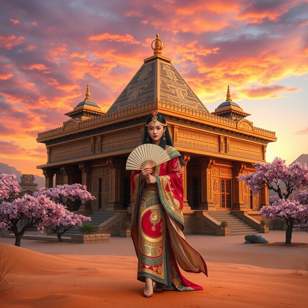 A stunning fusion of Egyptian and Japanese cultures, featuring a beautifully adorned ancient temple that combines the architectural elements of both civilizations