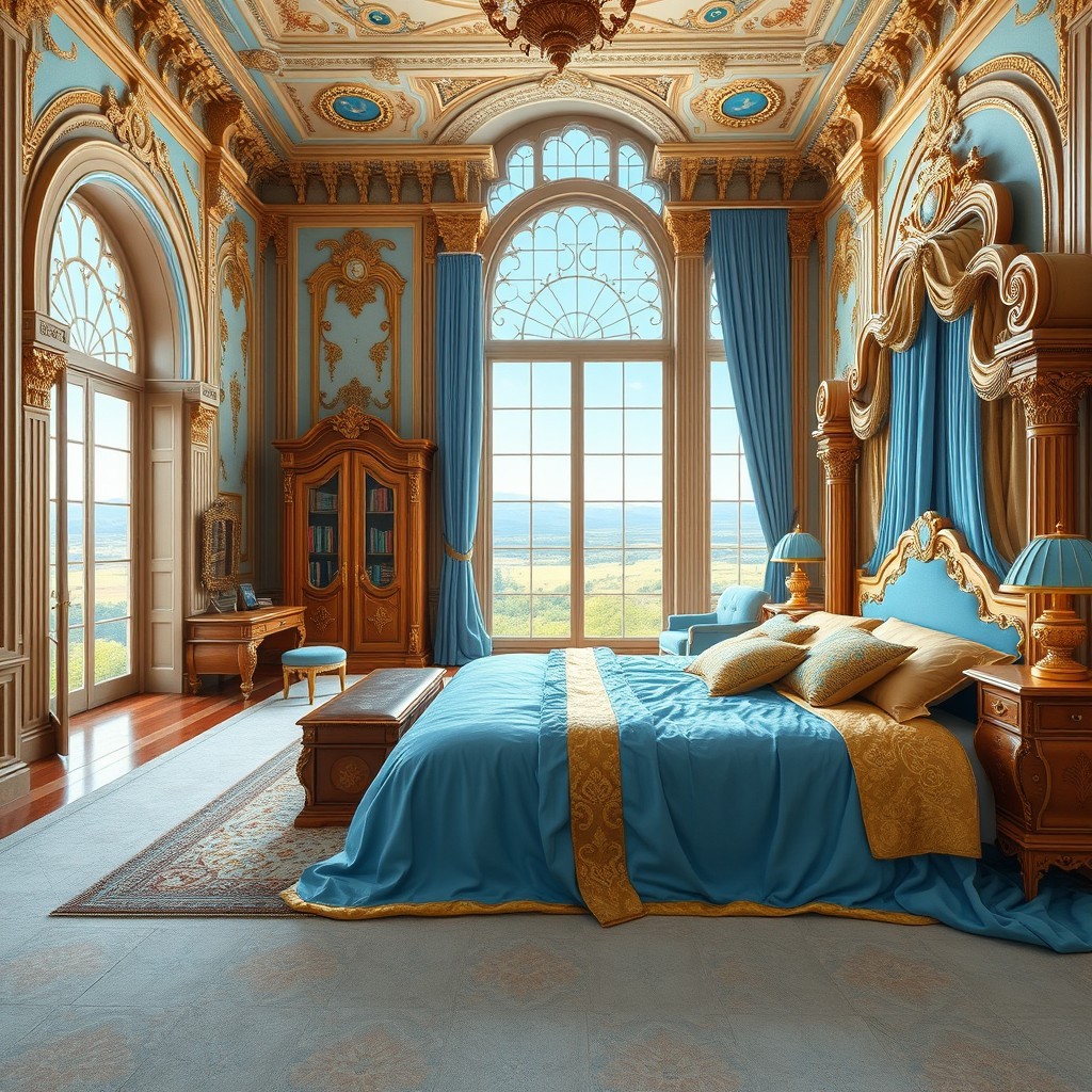A large, luxurious palace bedroom featuring a grand, oversized bed adorned with royal gold and sky blue fabrics