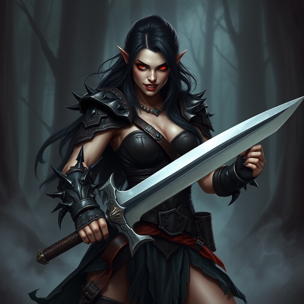 A fierce female barbarian vampire character for Dungeons and Dragons, featuring long flowing dark hair, glowing red eyes, and sharp fangs