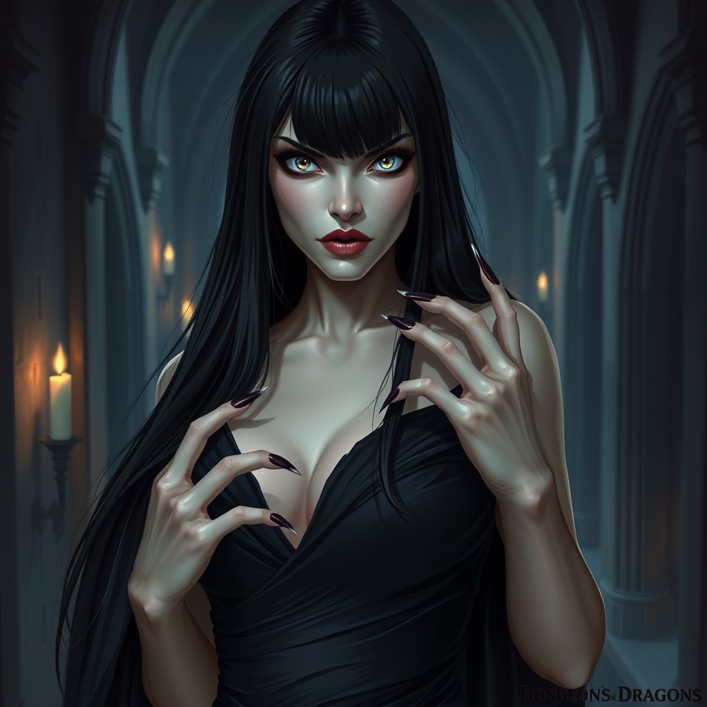 A striking human female vampire character for Dungeons and Dragons, featuring long raven-black hair, piercing silver eyes, and elongated sharp fangs