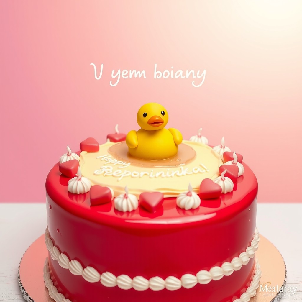 A beautifully designed birthday cake featuring a bright red color with a slight glossy sheen