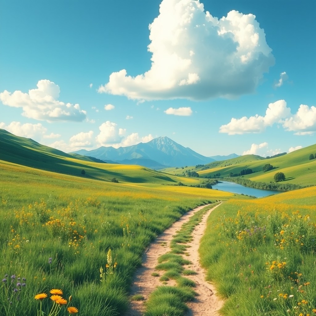 A serene landscape illustrating a perfect travel destination with lush greenery, rolling hills, and a clear blue sky
