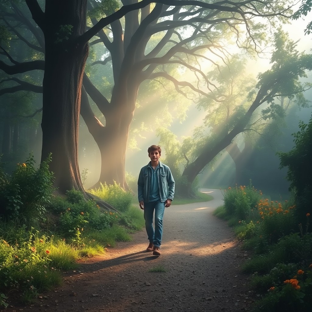 A young man walking along a winding path leading into an unknown, mysterious forest