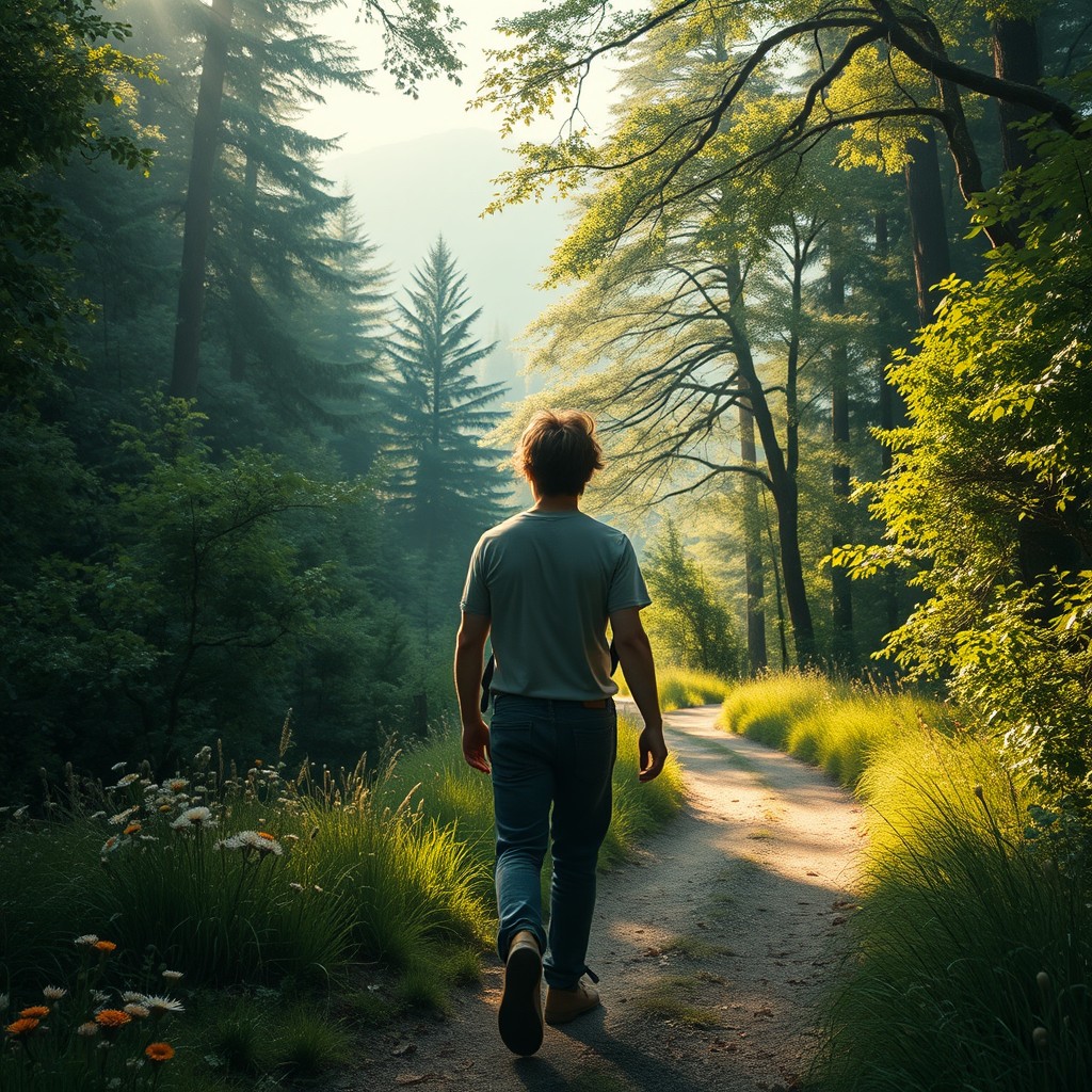 A young man walking along a winding path leading into an unknown and mysterious forest