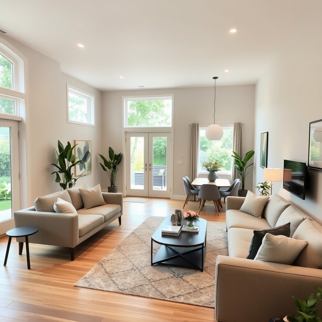 A modern, inviting, and warm living and dining area filled with essential furniture and decor
