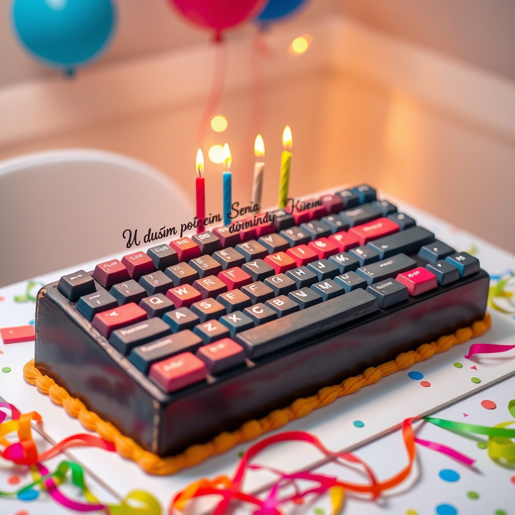A beautifully designed birthday cake shaped like a computer keyboard, featuring realistic keys with intricate details