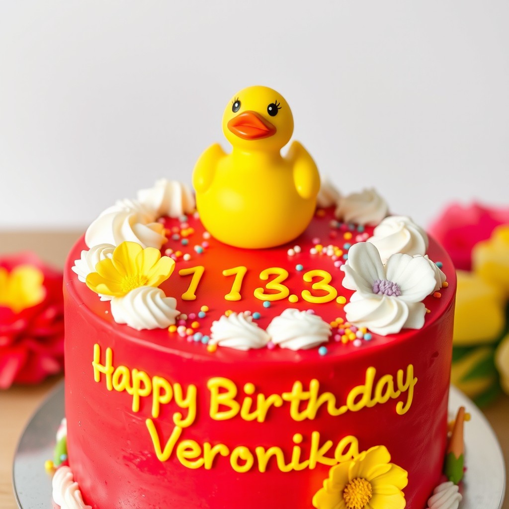 A vibrant red birthday cake featuring a cute yellow rubber duck figurine on top