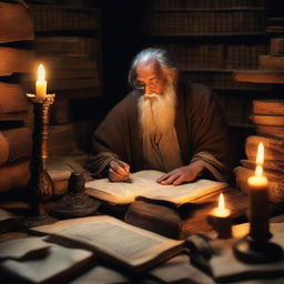 An ancient scholar deeply engrossed in study, surrounded by piles of weathered books and ancient artifacts, lit by the gentle glow of a flickering candle.