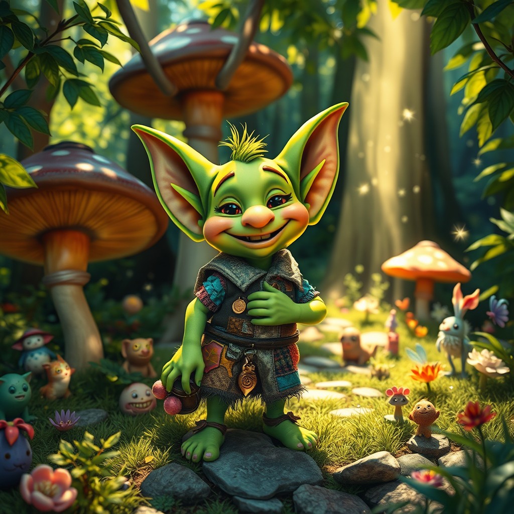 A whimsical and mischievous hobgoblin in a vibrant fantasy forest, with large pointed ears, bright green skin, and a playful grin