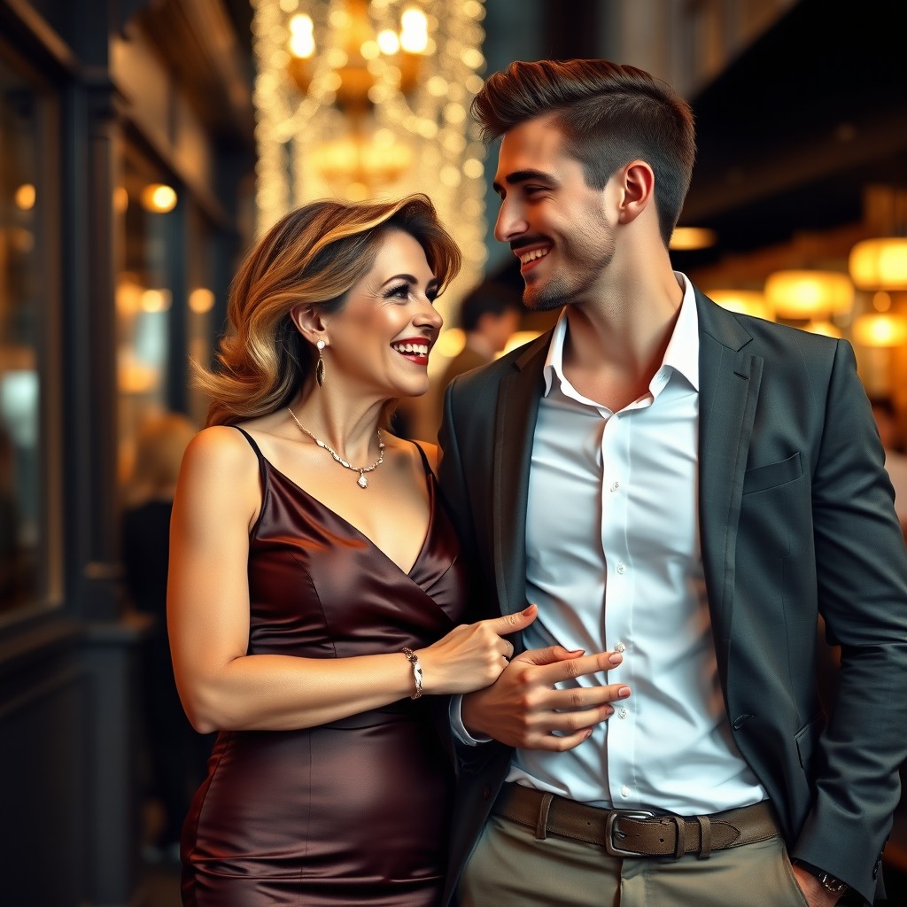 A mature lady with graceful elegance standing beside a virile young man, exuding confidence and charm