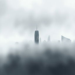 Create an image of a dreamlike urban skyline half-hidden by fog, with flickering reflections on glass windows