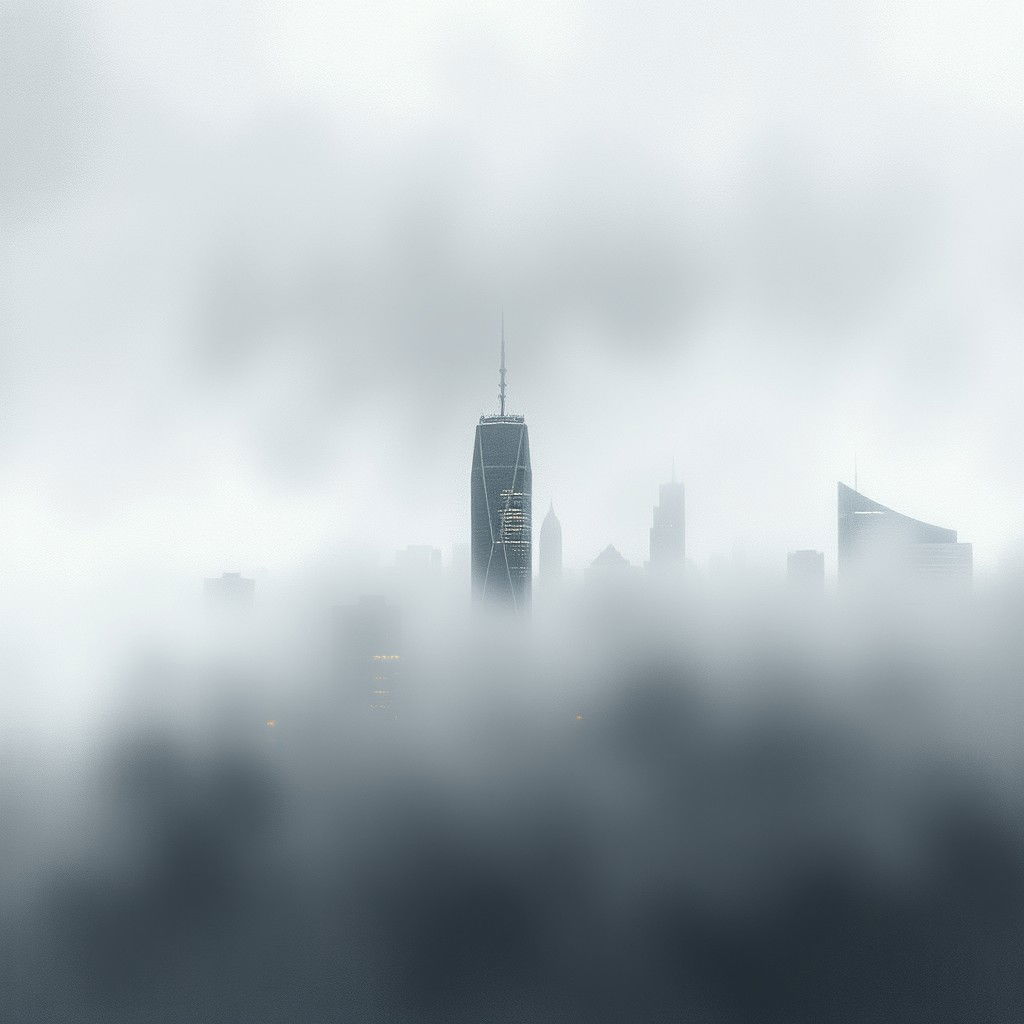 Create an image of a dreamlike urban skyline half-hidden by fog, with flickering reflections on glass windows