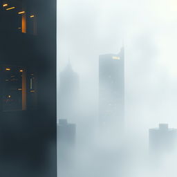 Create an image of a dreamlike urban skyline half-hidden by fog, with flickering reflections on glass windows