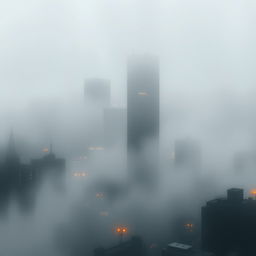 Create an image of a dreamlike urban skyline half-hidden by fog, with flickering reflections on glass windows