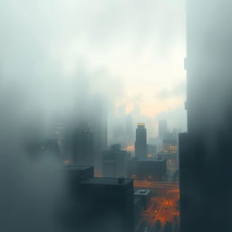 Create an image of a dreamlike urban skyline half-hidden by fog, with flickering reflections on glass windows