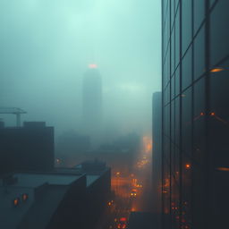 Create an image in the style of lofi album artwork, featuring a dreamlike urban skyline half-hidden by fog