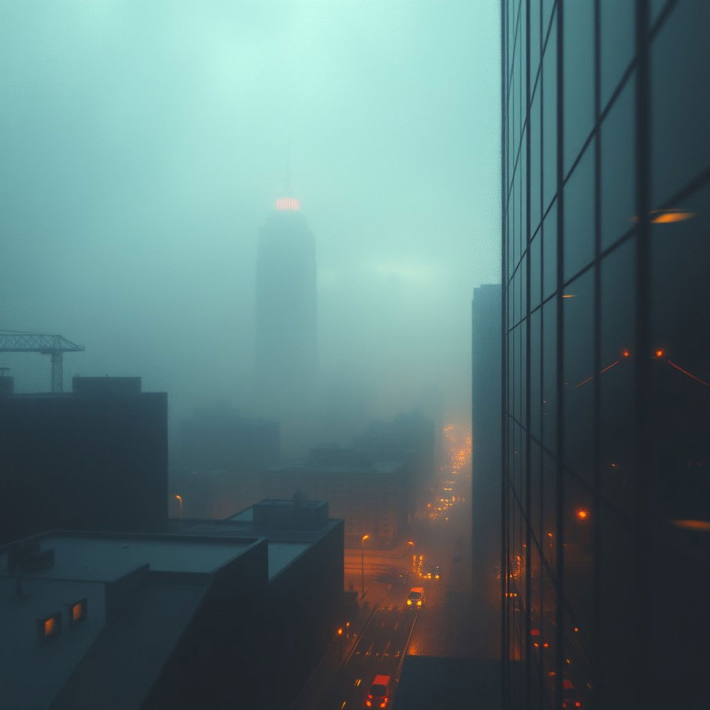 Create an image in the style of lofi album artwork, featuring a dreamlike urban skyline half-hidden by fog