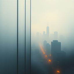 Create an image in the style of lofi album artwork, featuring a dreamlike urban skyline half-hidden by fog