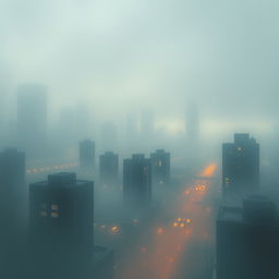 Create an image in the style of lofi album artwork, featuring a dreamlike urban skyline half-hidden by fog