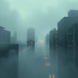 Create an image in the style of lofi album artwork, featuring a dreamlike urban skyline half-hidden by fog