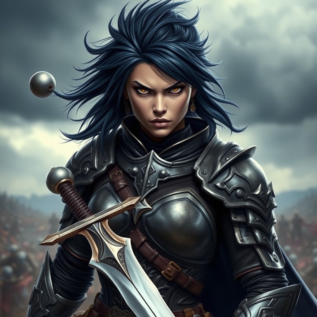 A fierce female warrior with striking navy blue spiky hair, clad in sleek and intricate armor that showcases her agility and strength