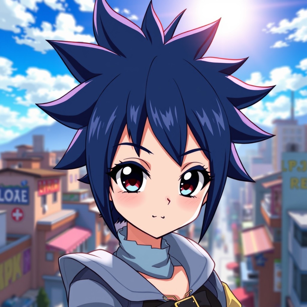 A vibrant anime-style female character with striking navy blue spiky hair, showcasing her unique and energetic personality