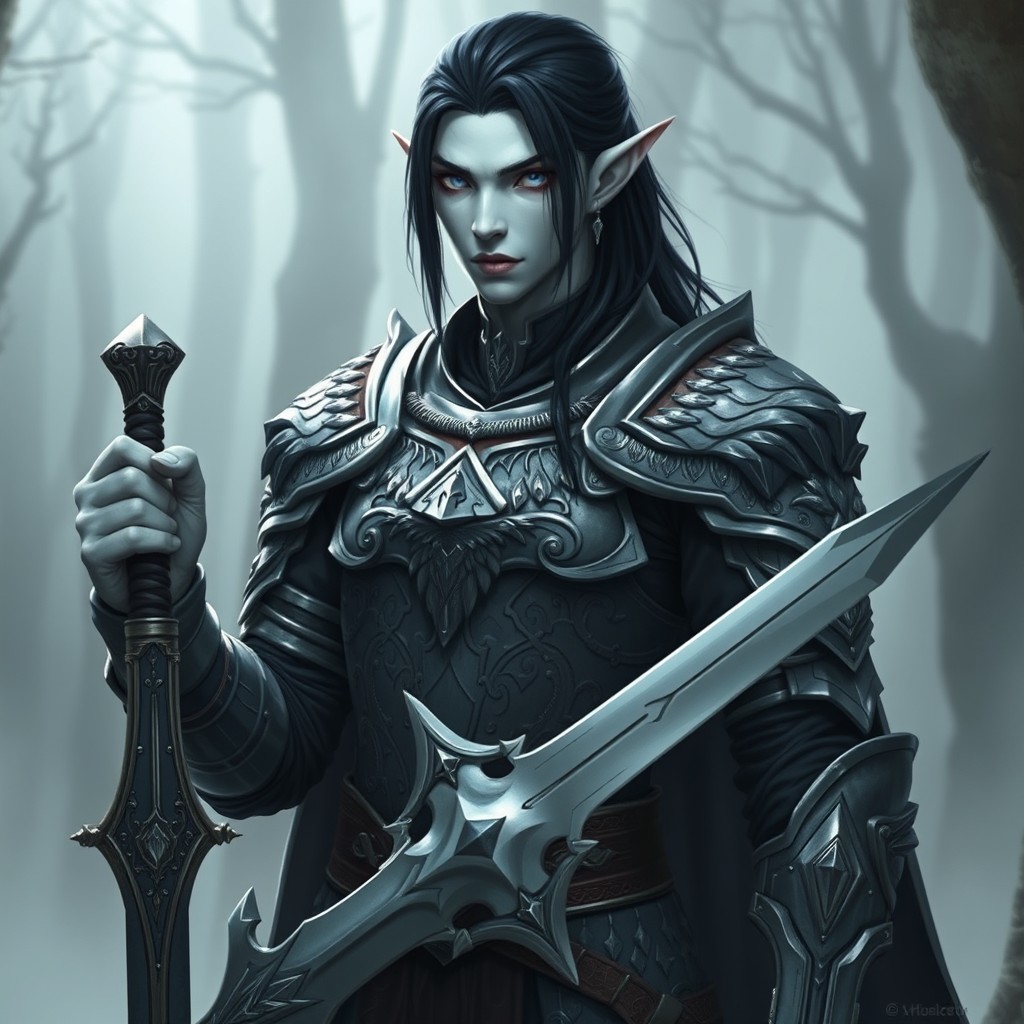 A tall, pale Shadar-Kai elf with ghostly skin tone, dressed in intricately detailed heavy armor adorned with a raven crest
