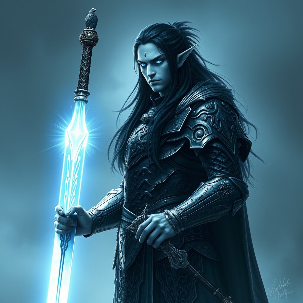 A tall, pale male Shadar-Kai elf with ghostly skin tone, dressed in intricately crafted heavy armor embellished with a raven crest