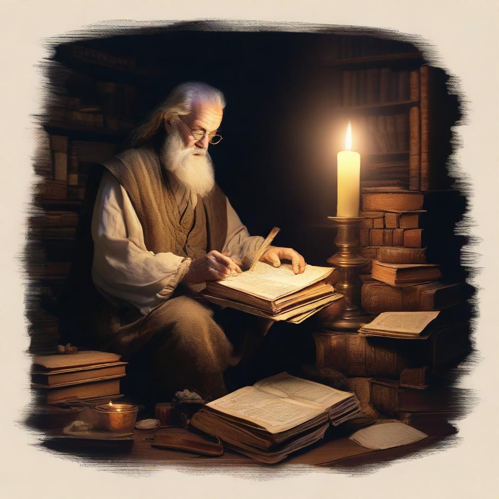 An ancient scholar deeply engrossed in study, surrounded by piles of weathered books and ancient artifacts, lit by the gentle glow of a flickering candle.