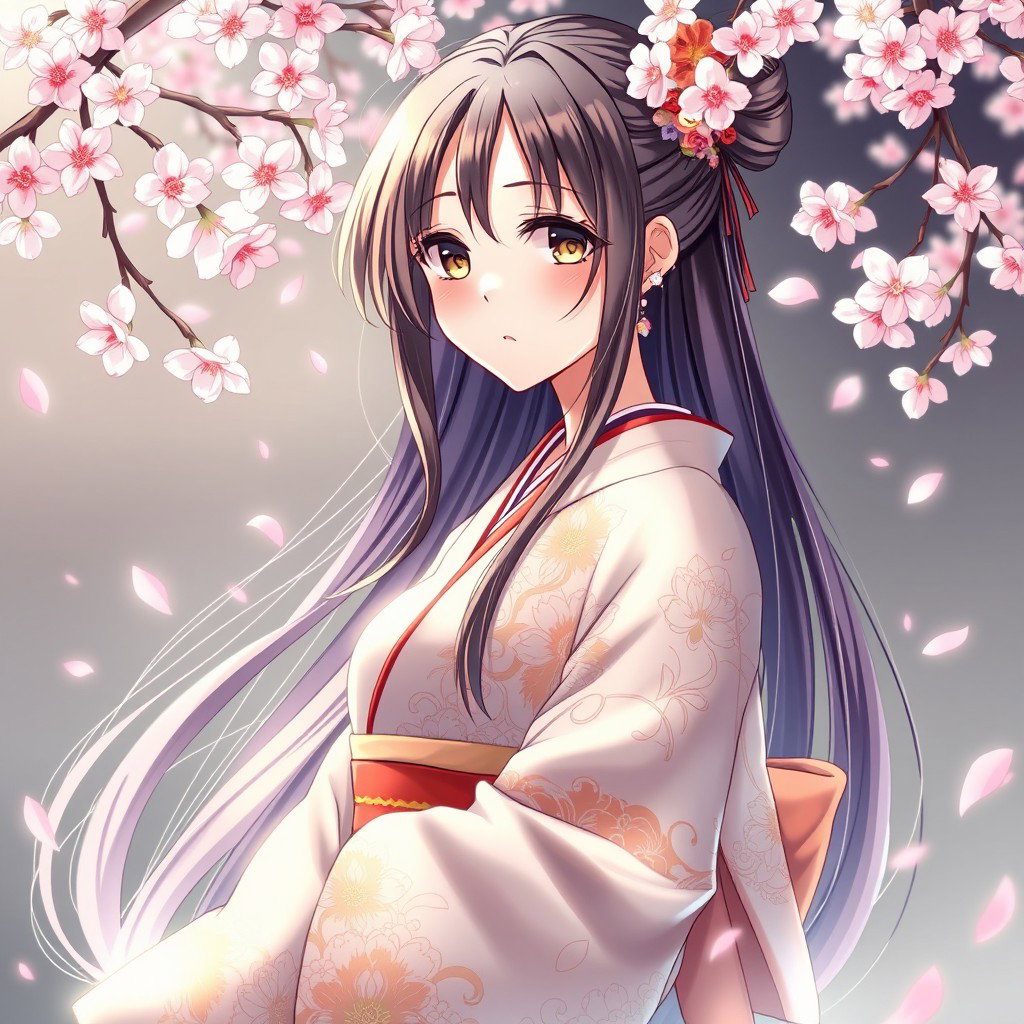 A beautiful anime-style waifu, an elegant Japanese girl with long flowing hair, wearing a detailed and intricate kimono adorned with floral patterns