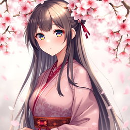 A beautiful anime-style waifu, an elegant Japanese girl with long flowing hair, wearing a detailed and intricate kimono adorned with floral patterns