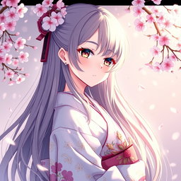 A beautiful anime-style waifu, an elegant Japanese girl with long flowing hair, wearing a detailed and intricate kimono adorned with floral patterns