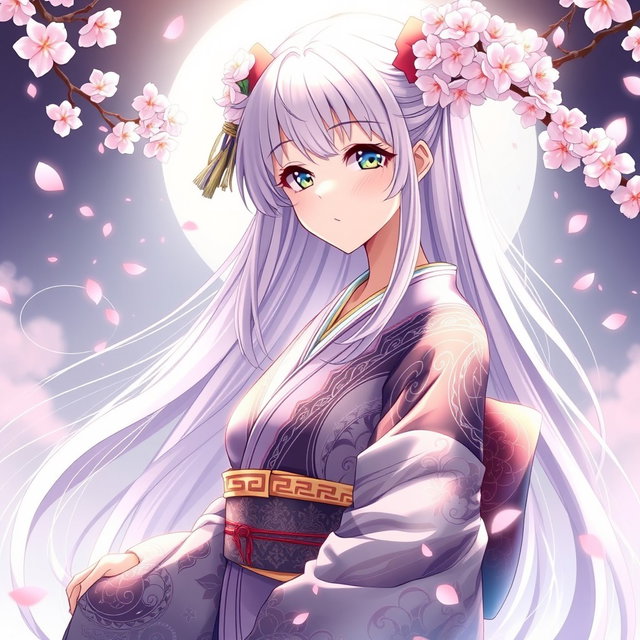 A beautiful anime-style waifu, an elegant Japanese girl with long flowing hair, wearing a detailed and intricate kimono adorned with floral patterns