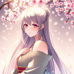 A beautiful anime-style waifu, an elegant Japanese girl with long flowing hair, wearing a detailed and intricately designed kimono that reveals a hint of her shoulder