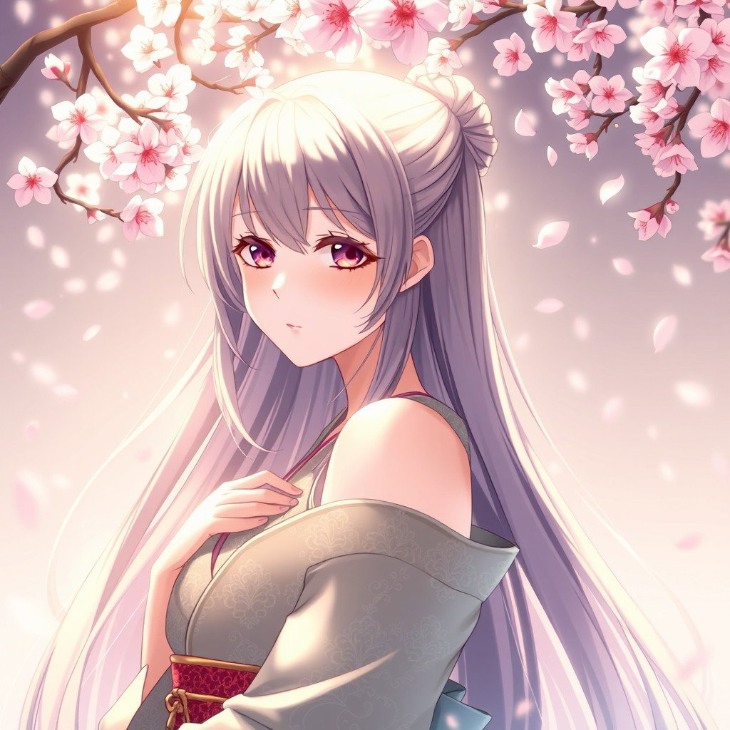 A beautiful anime-style waifu, an elegant Japanese girl with long flowing hair, wearing a detailed and intricately designed kimono that reveals a hint of her shoulder