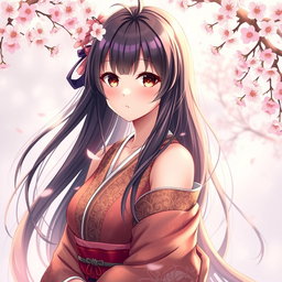 A beautiful anime-style waifu, an elegant Japanese girl with long flowing hair, wearing a detailed and intricately designed kimono that reveals a hint of her shoulder