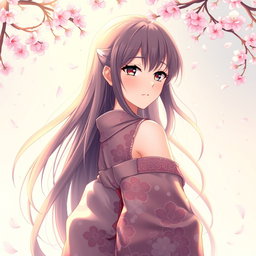 A beautiful anime-style waifu, an elegant Japanese girl with long flowing hair, wearing a detailed and intricately designed kimono that reveals a hint of her shoulder