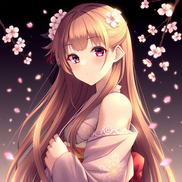 A beautiful anime-style waifu, an elegant Japanese girl with long flowing hair, wearing a detailed and intricately designed kimono that reveals a hint of her shoulder