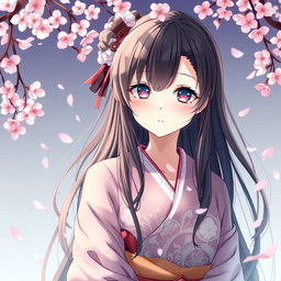 A beautiful anime-style waifu, an elegant Japanese girl with long flowing hair, wearing a detailed and intricately designed kimono that is artfully draped to suggest a sense of elegance