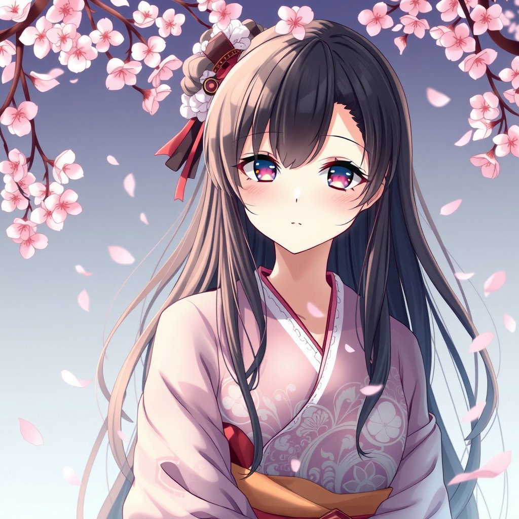 A beautiful anime-style waifu, an elegant Japanese girl with long flowing hair, wearing a detailed and intricately designed kimono that is artfully draped to suggest a sense of elegance