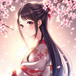 A beautiful anime-style waifu, an elegant Japanese girl with long flowing hair, wearing a detailed and intricately designed kimono that is artfully draped to suggest a sense of elegance