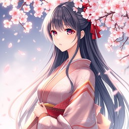 A beautiful anime-style waifu, an elegant Japanese girl with long flowing hair, wearing a detailed and intricately designed kimono that is artfully draped to suggest a sense of elegance