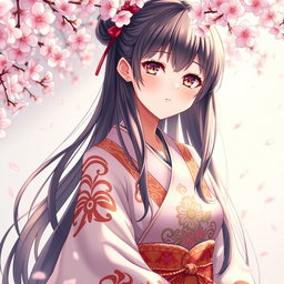 A beautiful anime-style waifu, an elegant Japanese girl with long flowing hair, wearing a detailed and intricately designed kimono that is artfully draped to suggest a sense of elegance