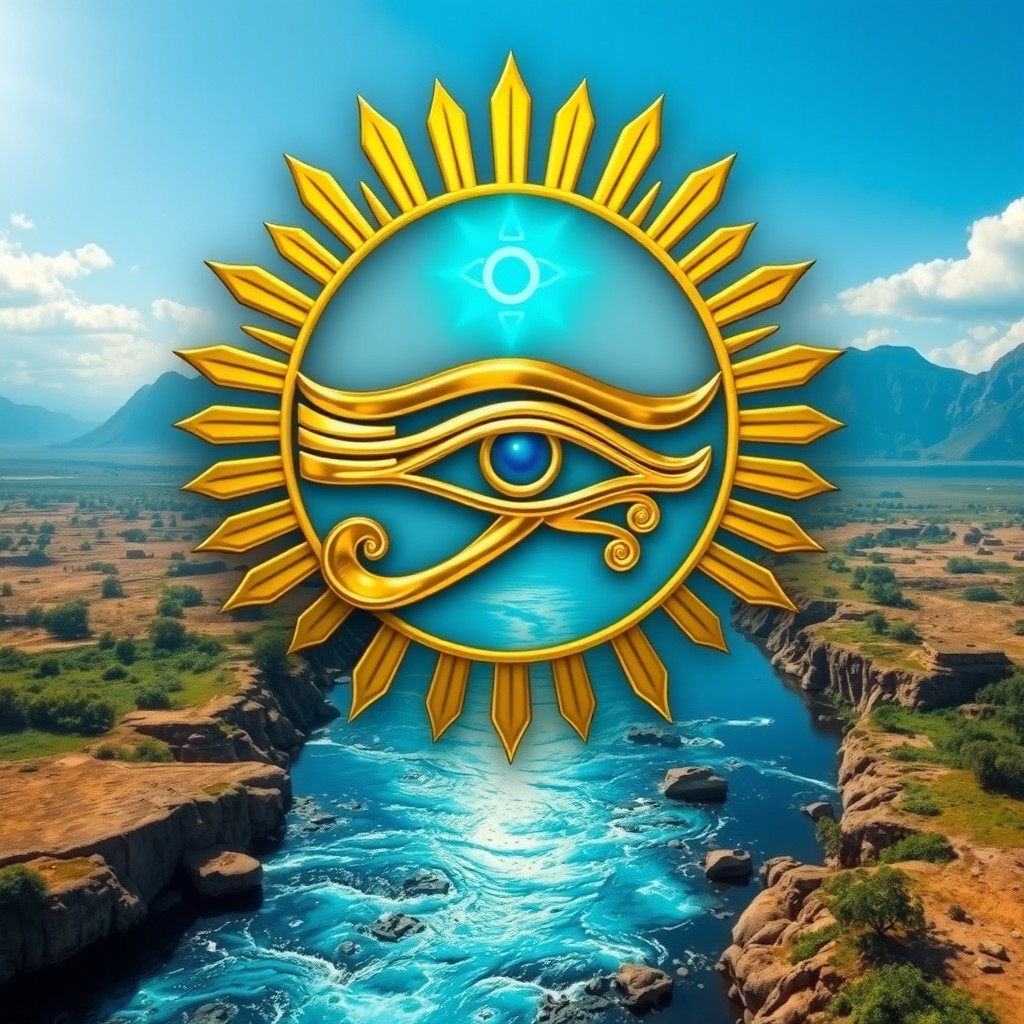 An Eye of Horus made of solid gold, intricately designed, situated inside a radiant sun
